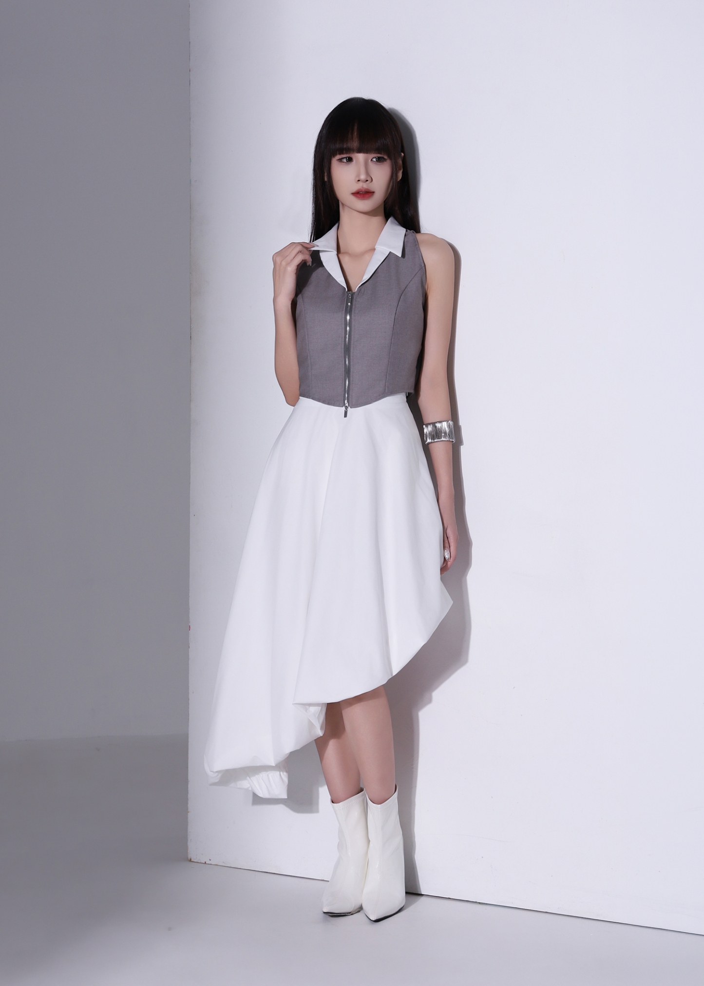 Fake Two Piece Collar Front Zip Top AC959
