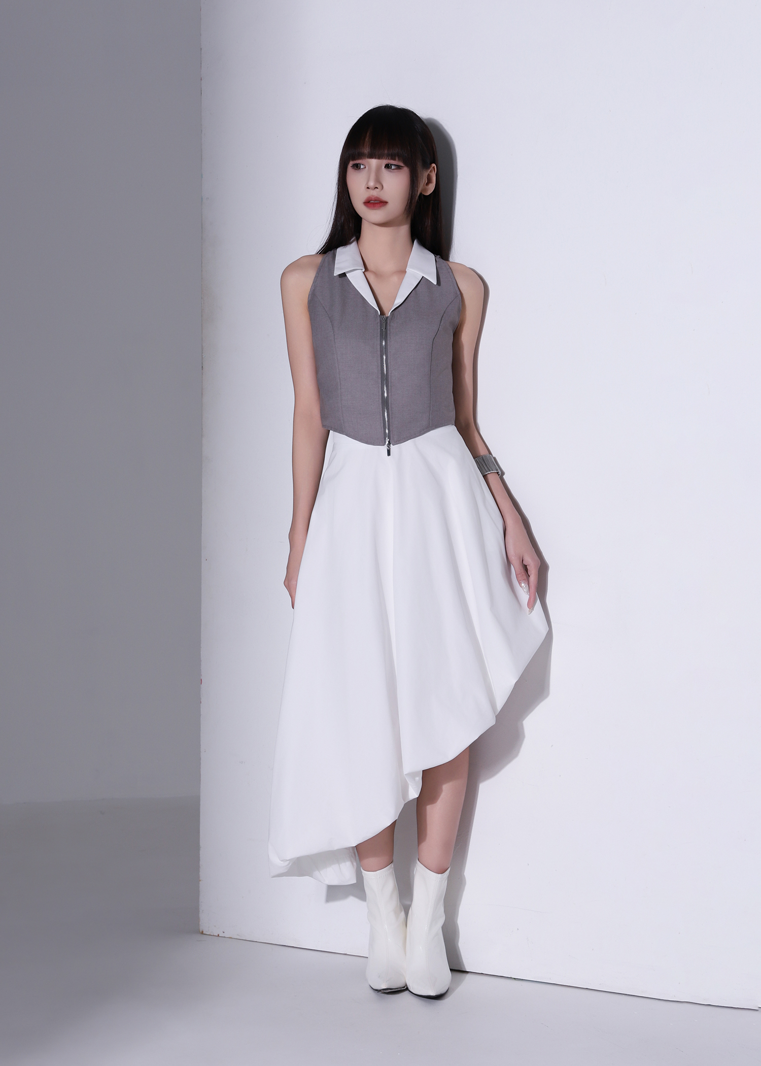 Fake Two Piece Collar Front Zip Top AC959