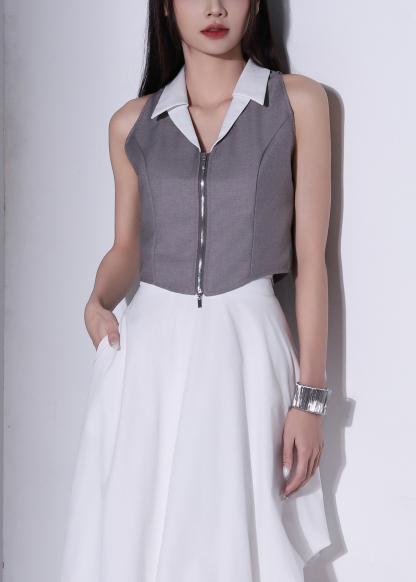 Fake Two Piece Collar Front Zip Top AC959