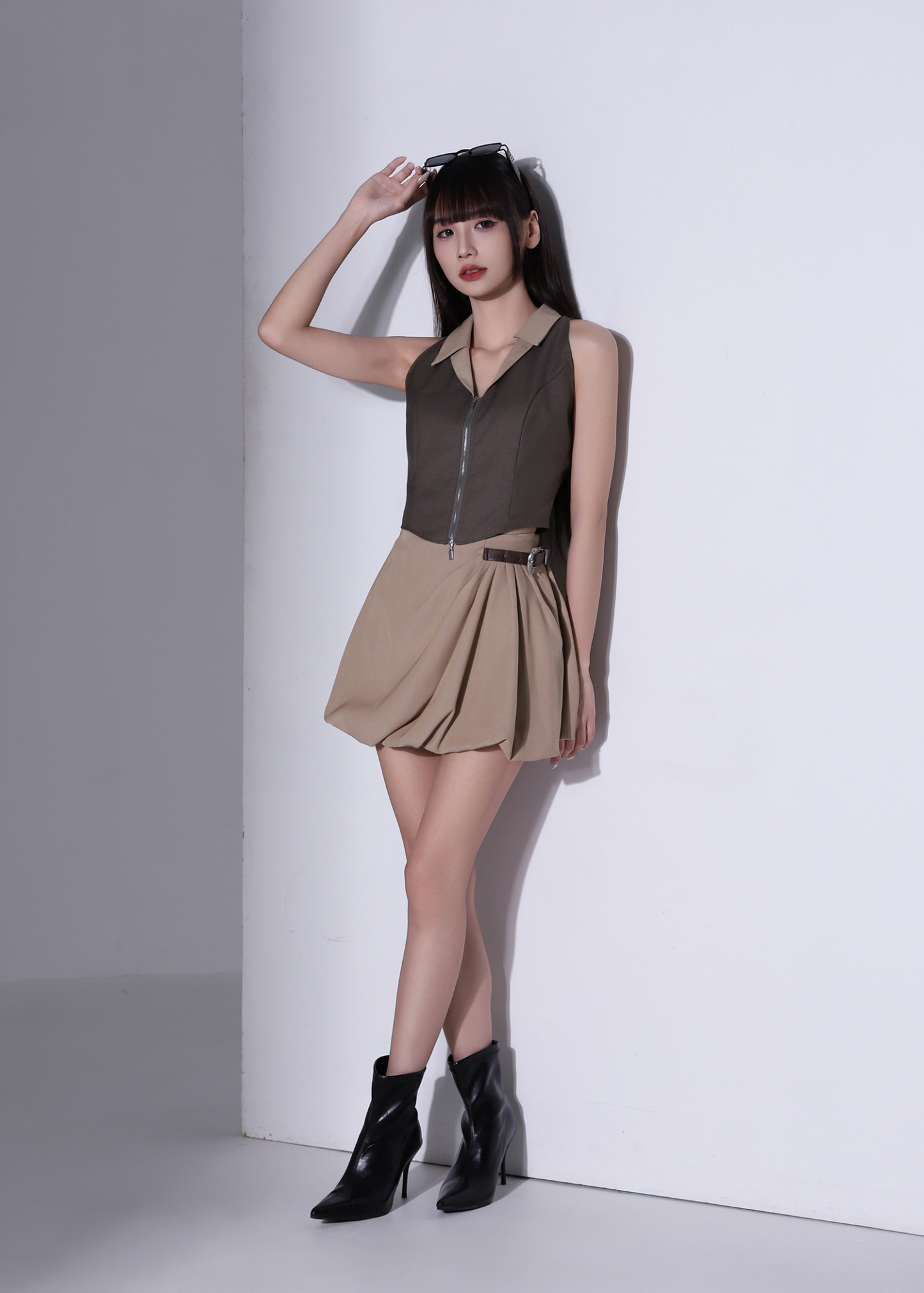 Fake Two Piece Collar Front Zip Top AC959