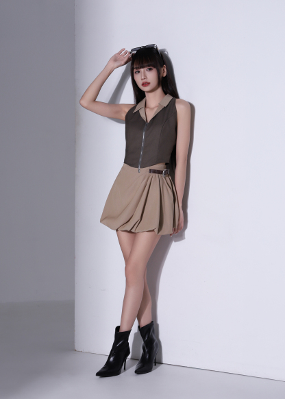 Fake Two Piece Collar Front Zip Top AC959
