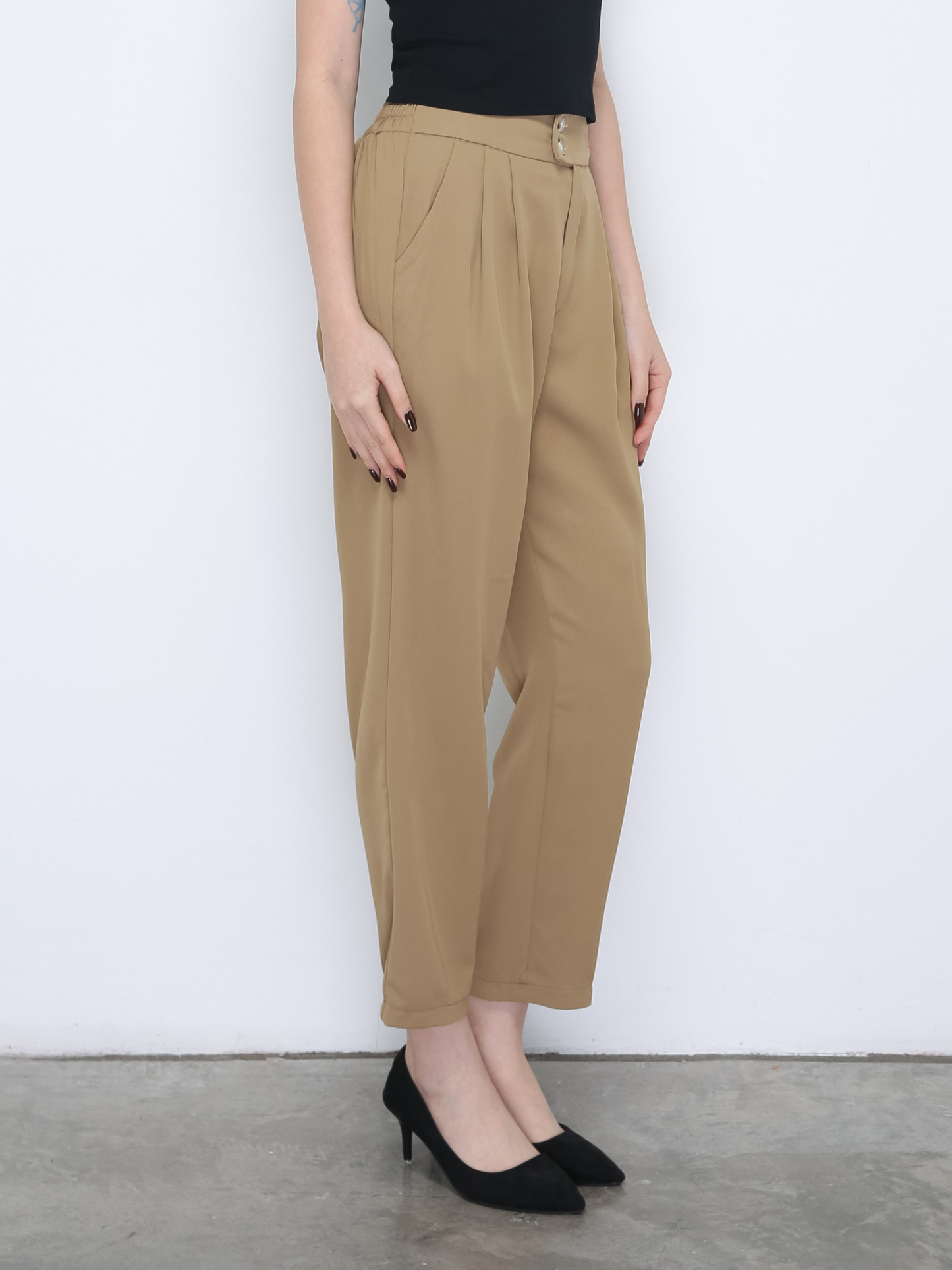 Waist Stretchable With Side Button Long Pants 21614
