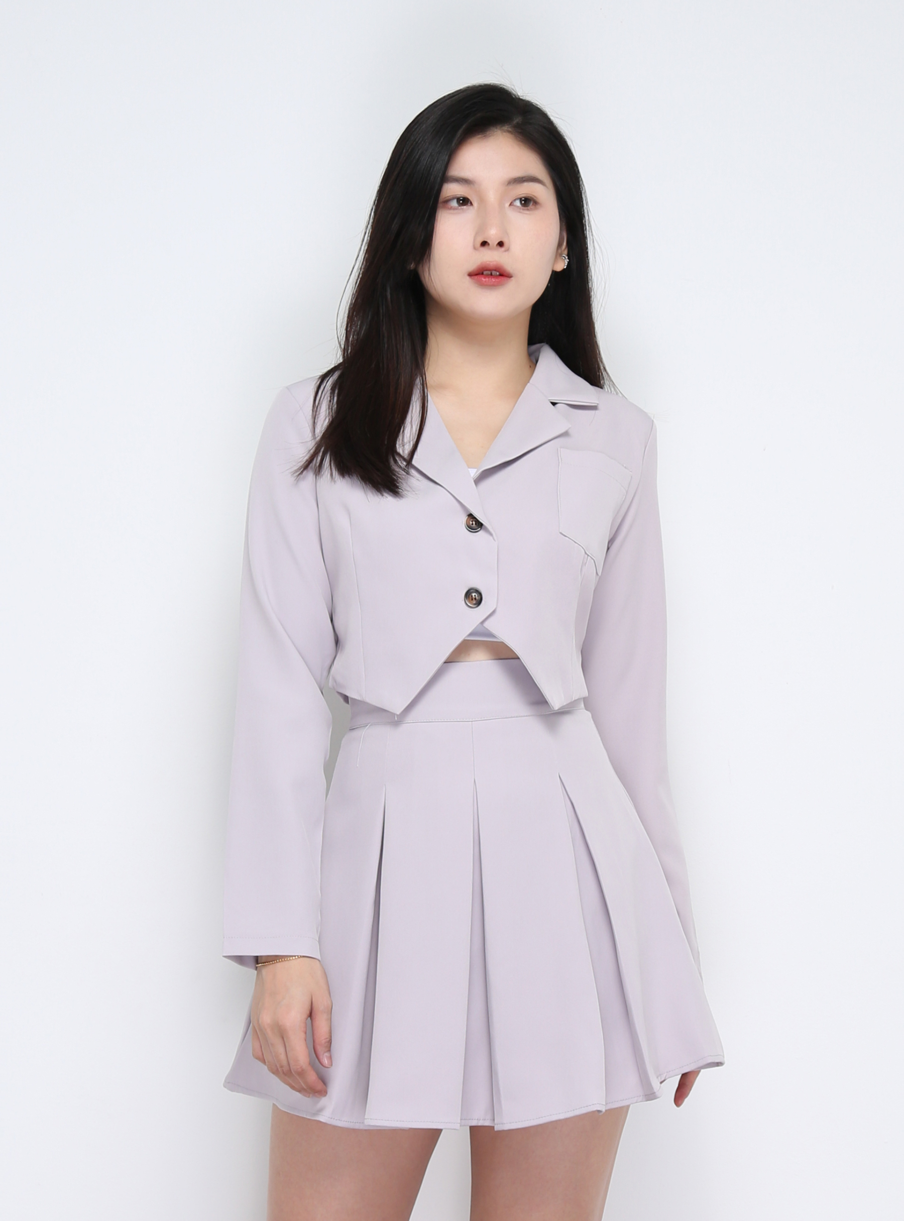 Long Sleeve Front Button Top  With Skirt Set 35502