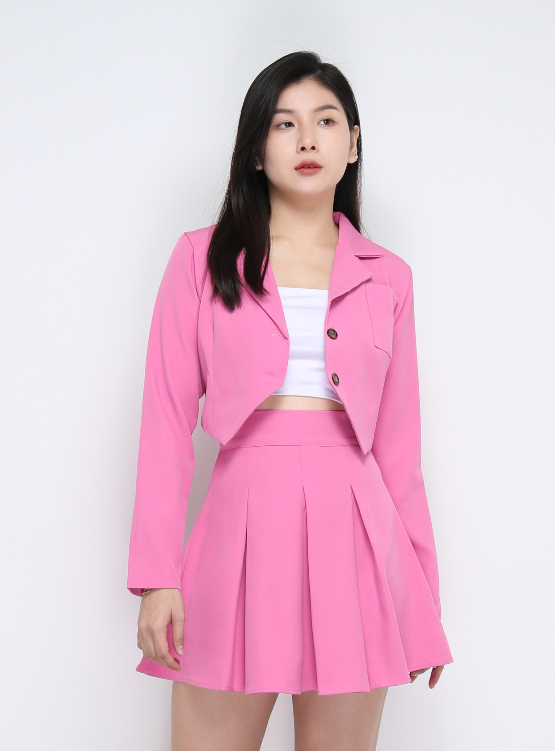 Long Sleeve Front Button Top  With Skirt Set 35502