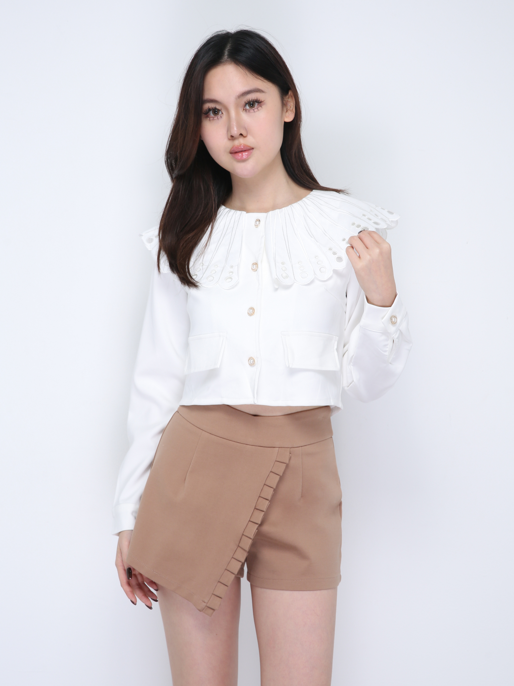 Collar Front Button Long Sleeve Top 21686