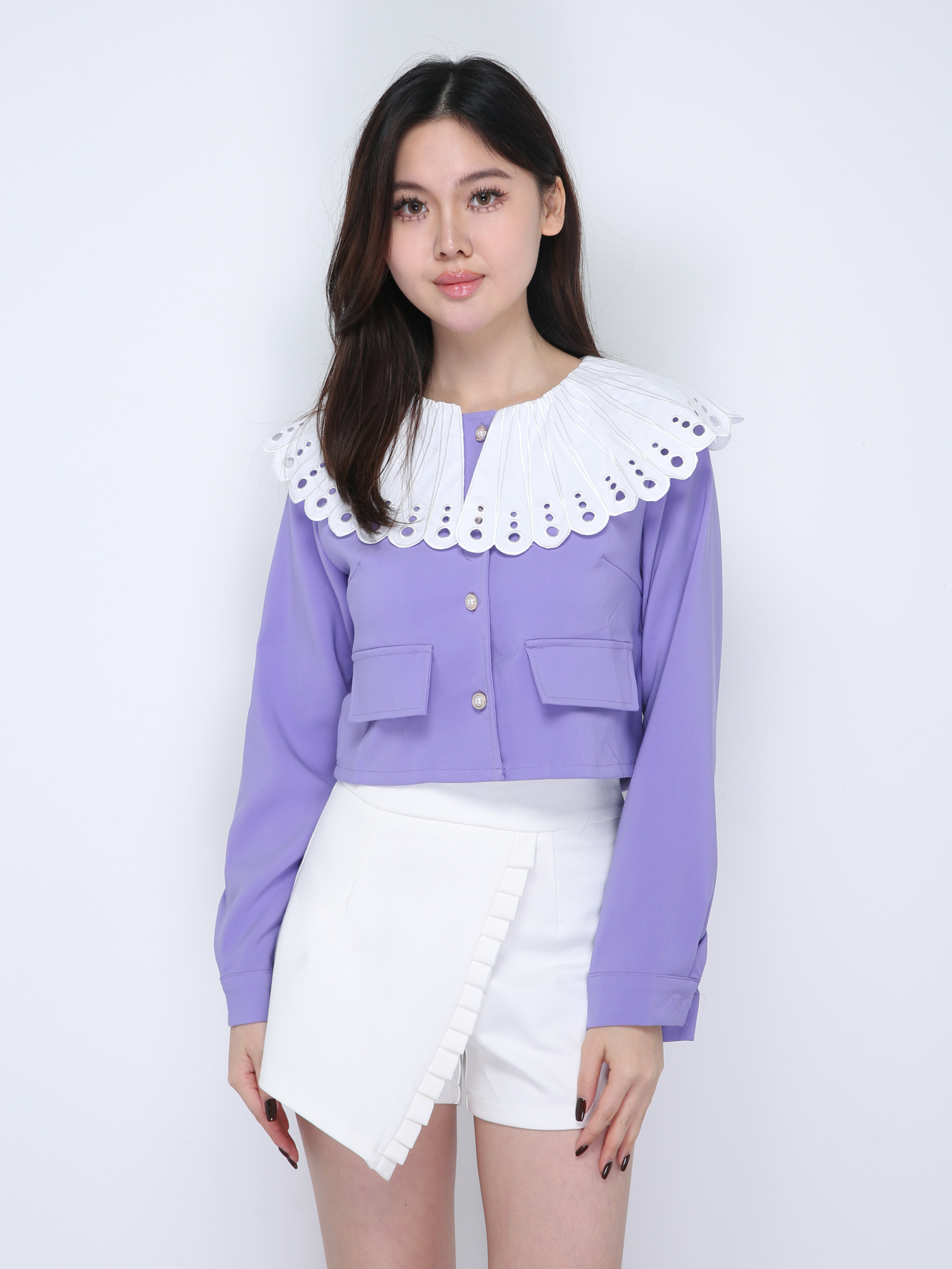 Collar Front Button Long Sleeve Top 21686