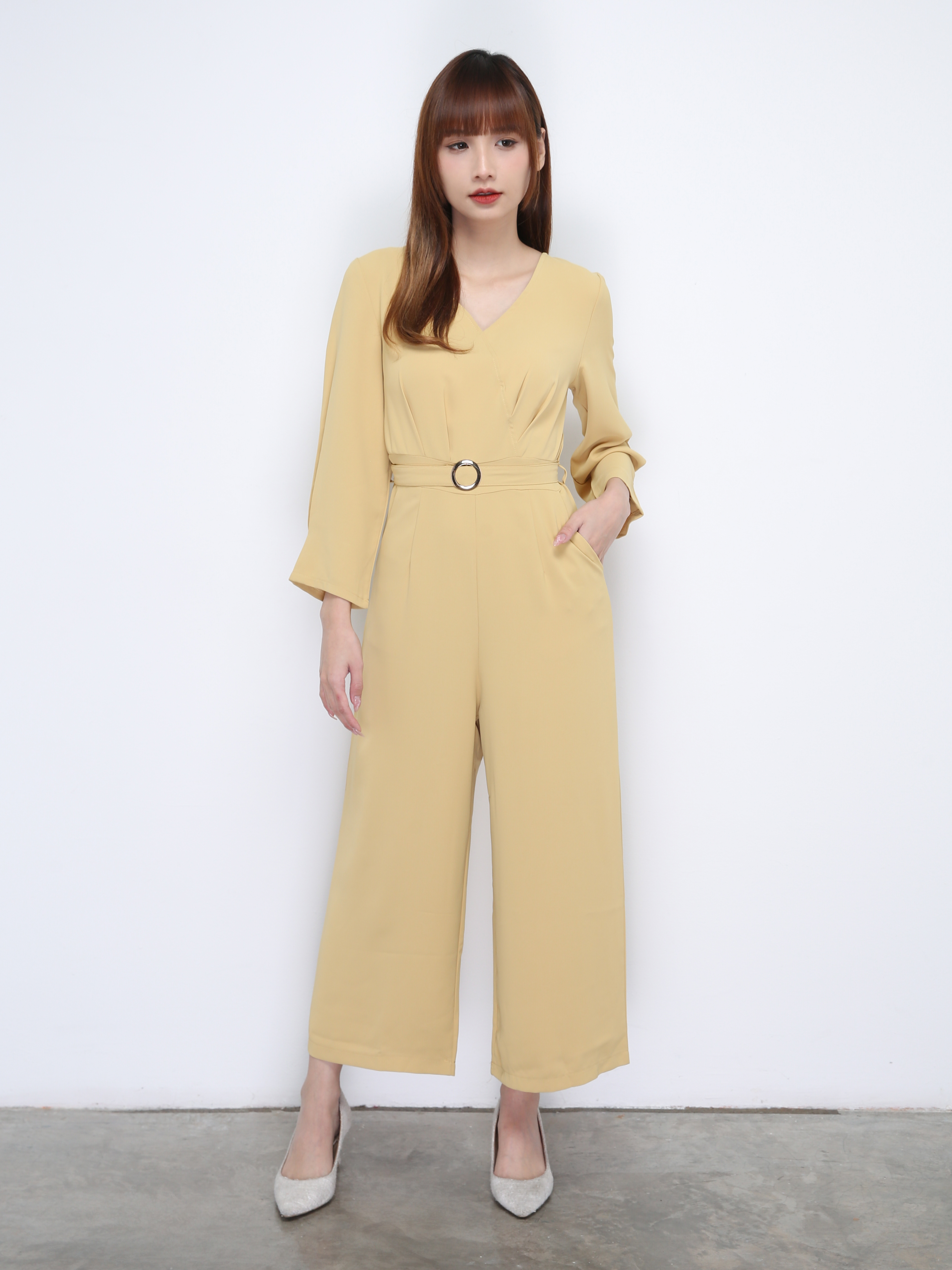 V Neck Long Sleeve With Belt Jumpsuit 21424