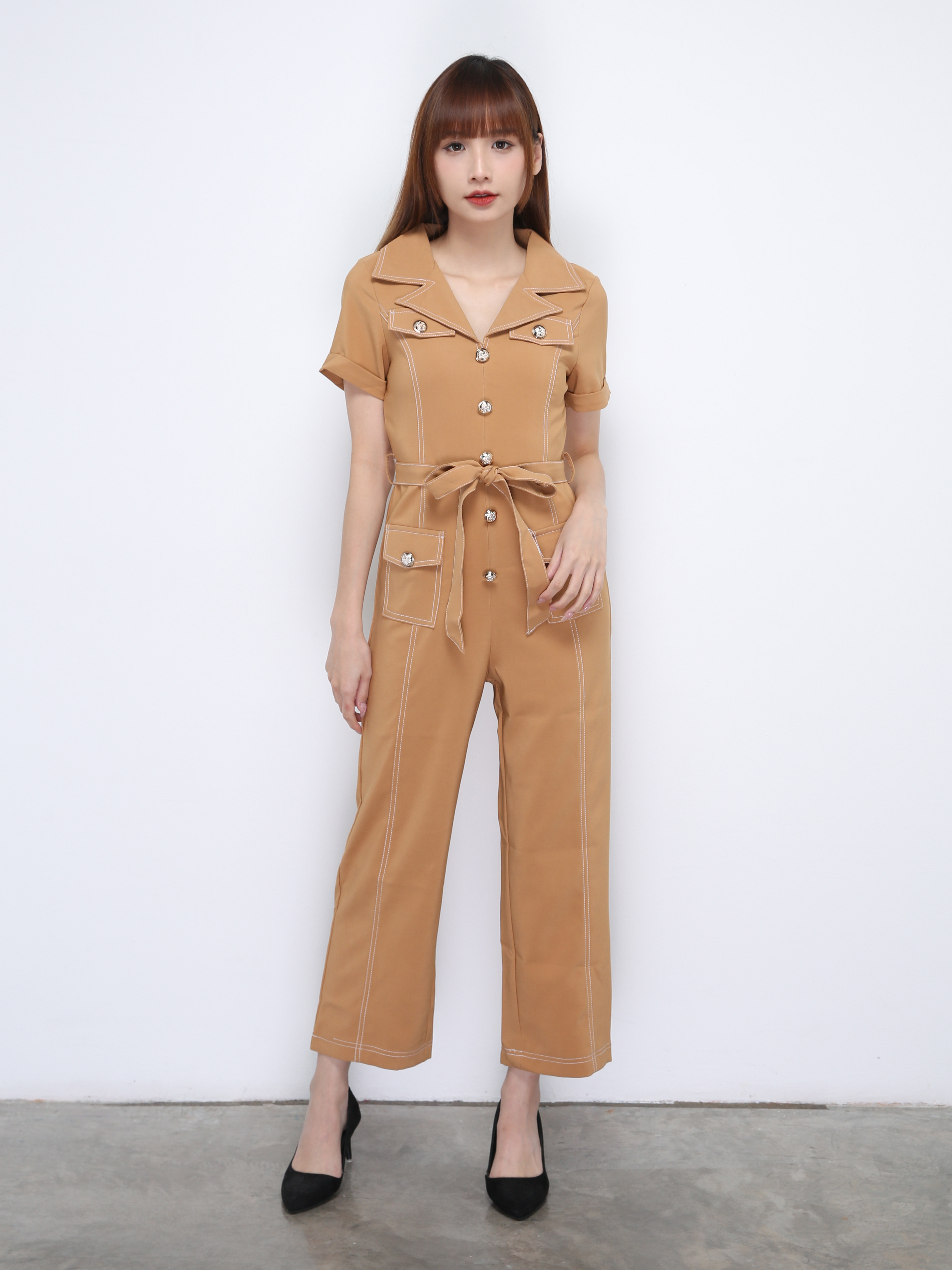 Collar With Front Decorative Button Jumpsuit With Belt 21377