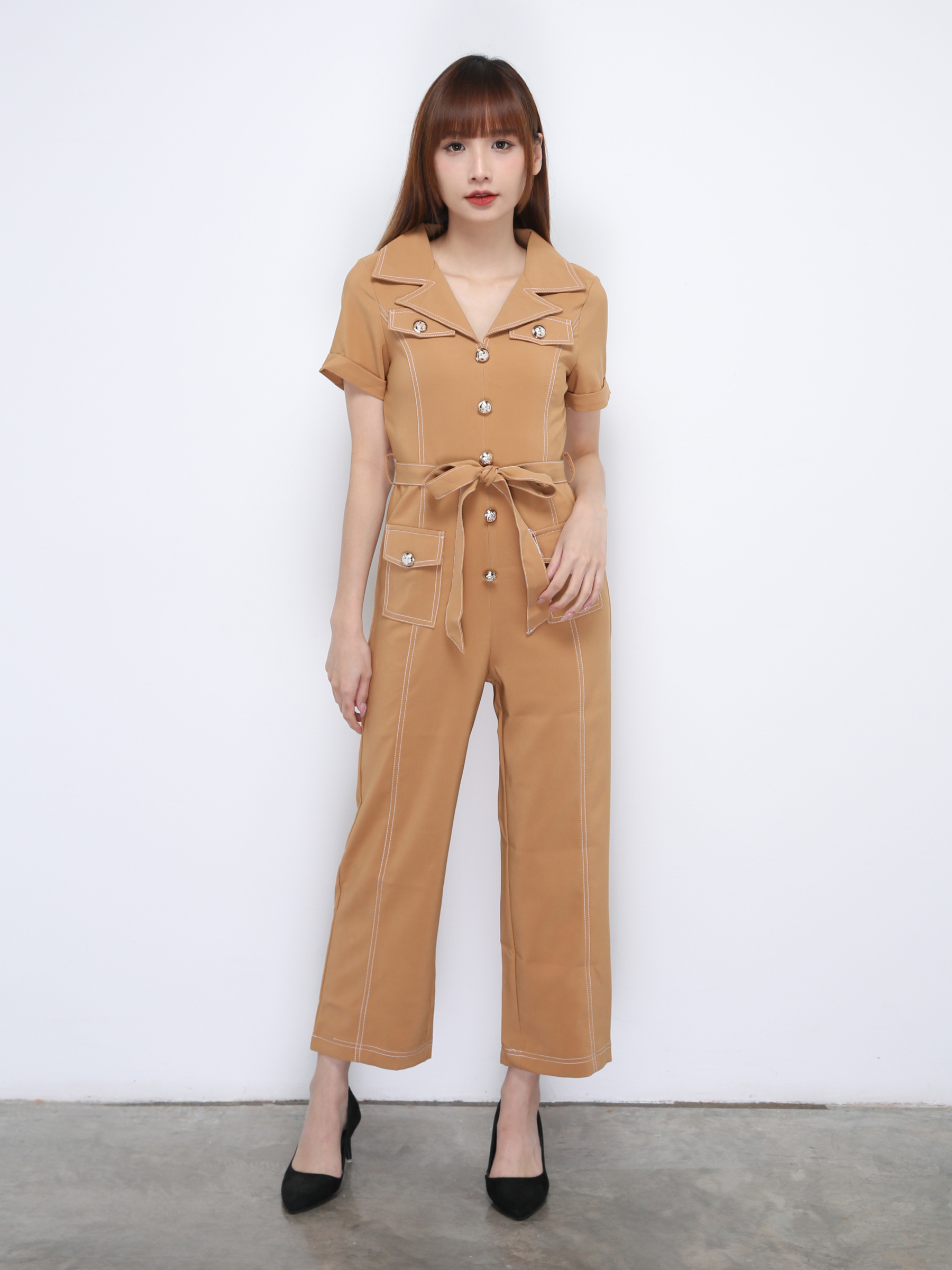 Collar With Front Decorative Button Jumpsuit With Belt 21377