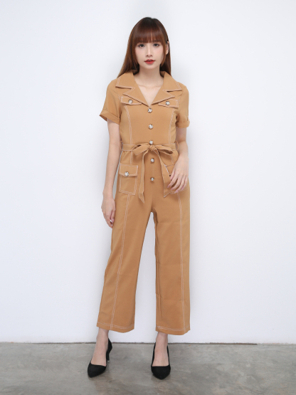 Collar With Front Decorative Button Jumpsuit With Belt 21377