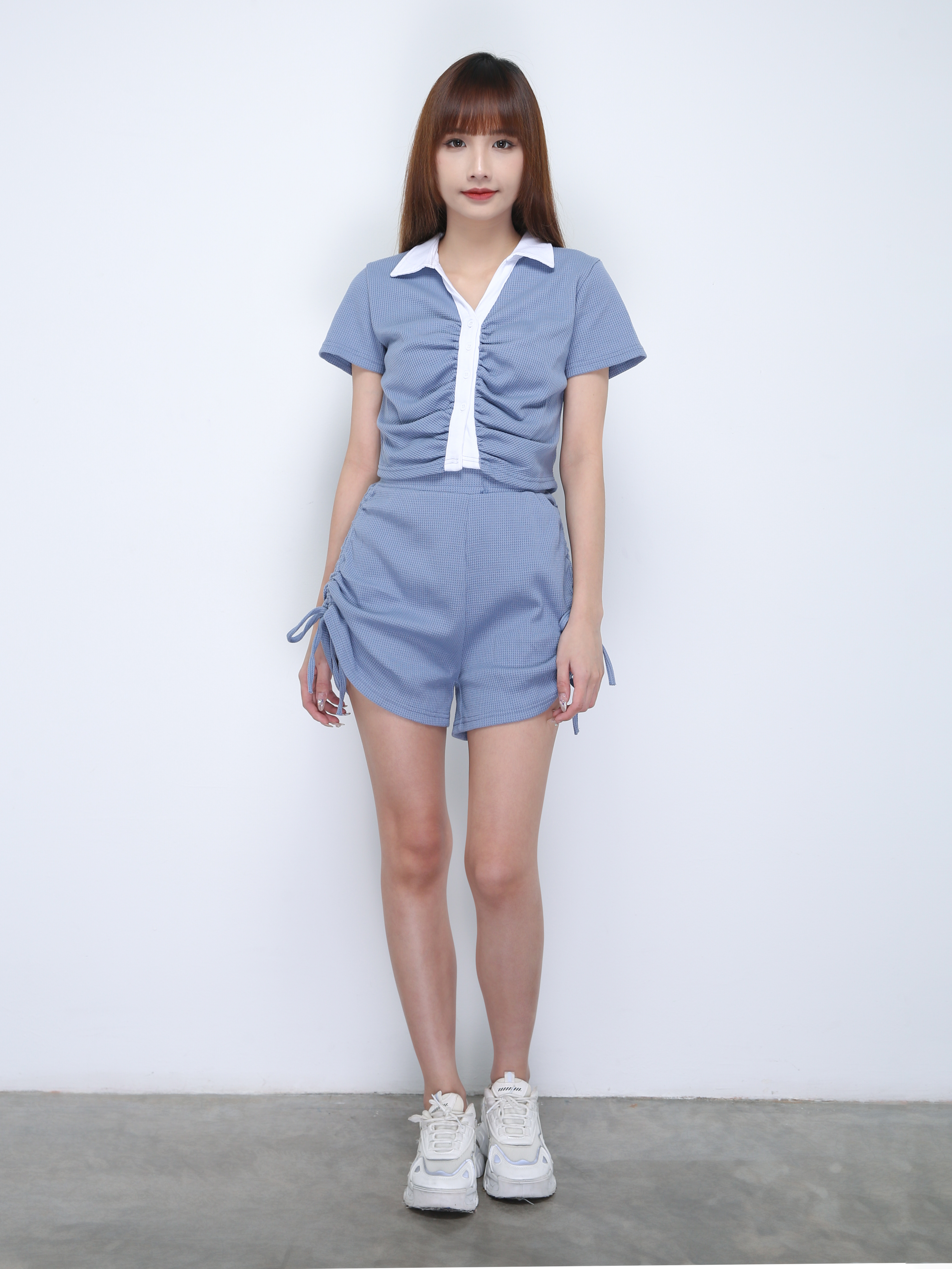 Collar Front Button Top With Side Drawstring Pants Set 21822