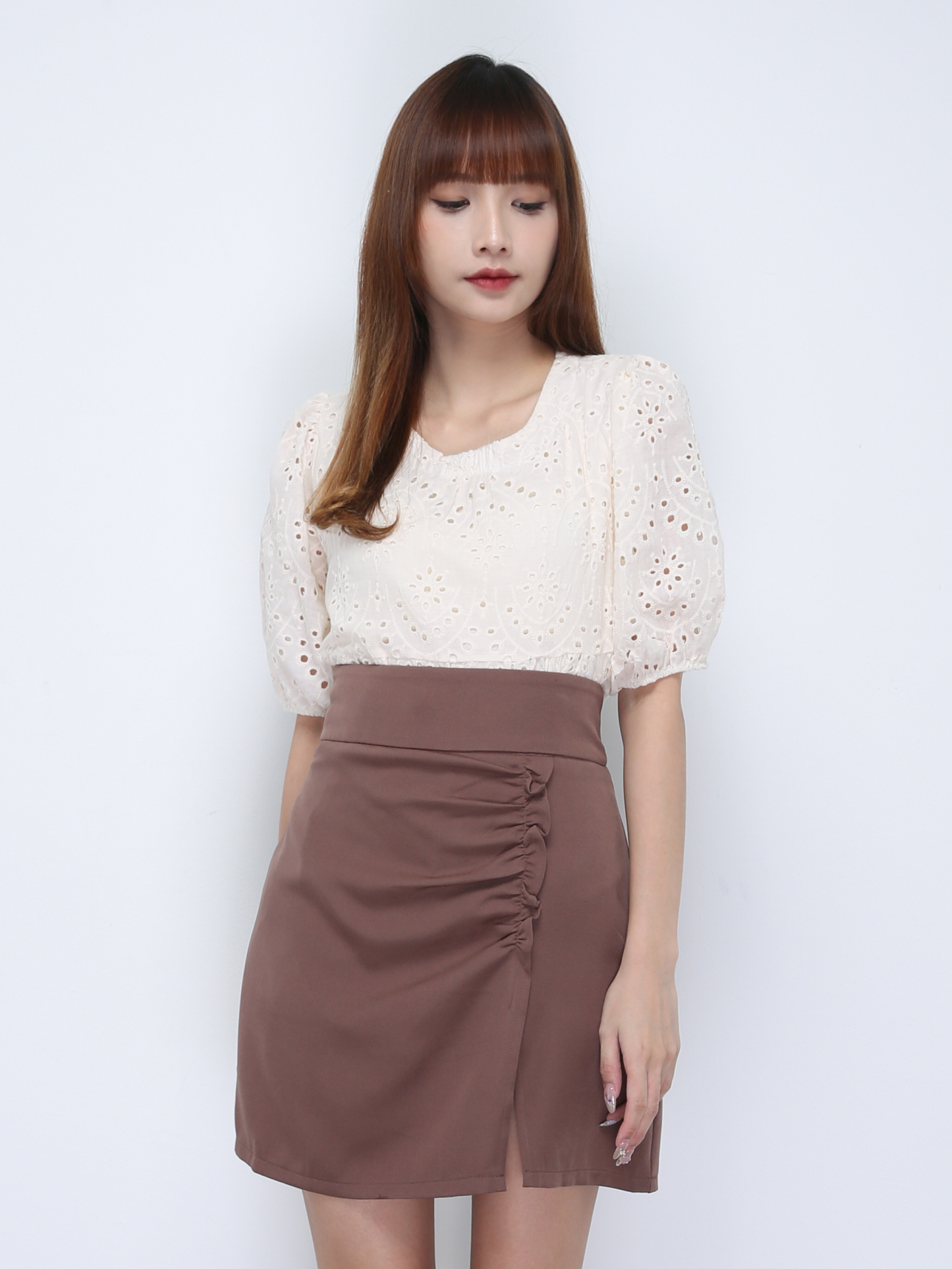 Puff Sleeve Eyelet Short Sleeve Top 21857