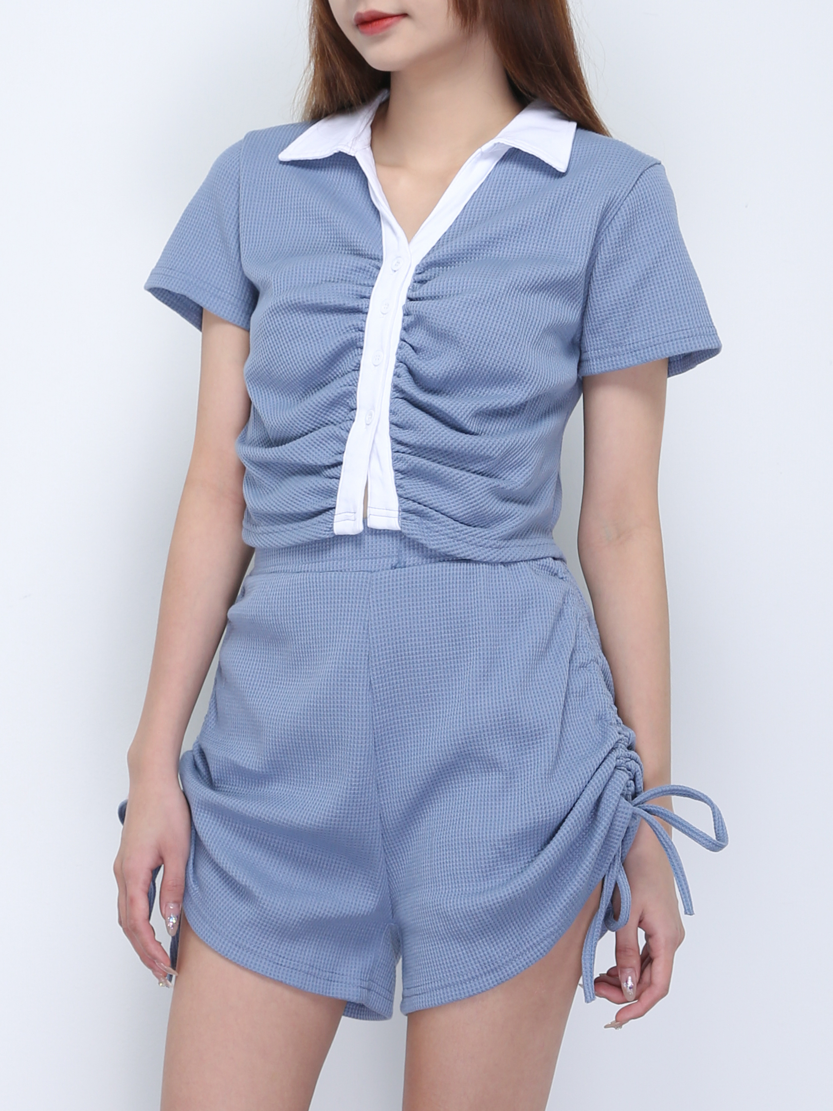 Collar Front Button Top With Side Drawstring Pants Set 21822