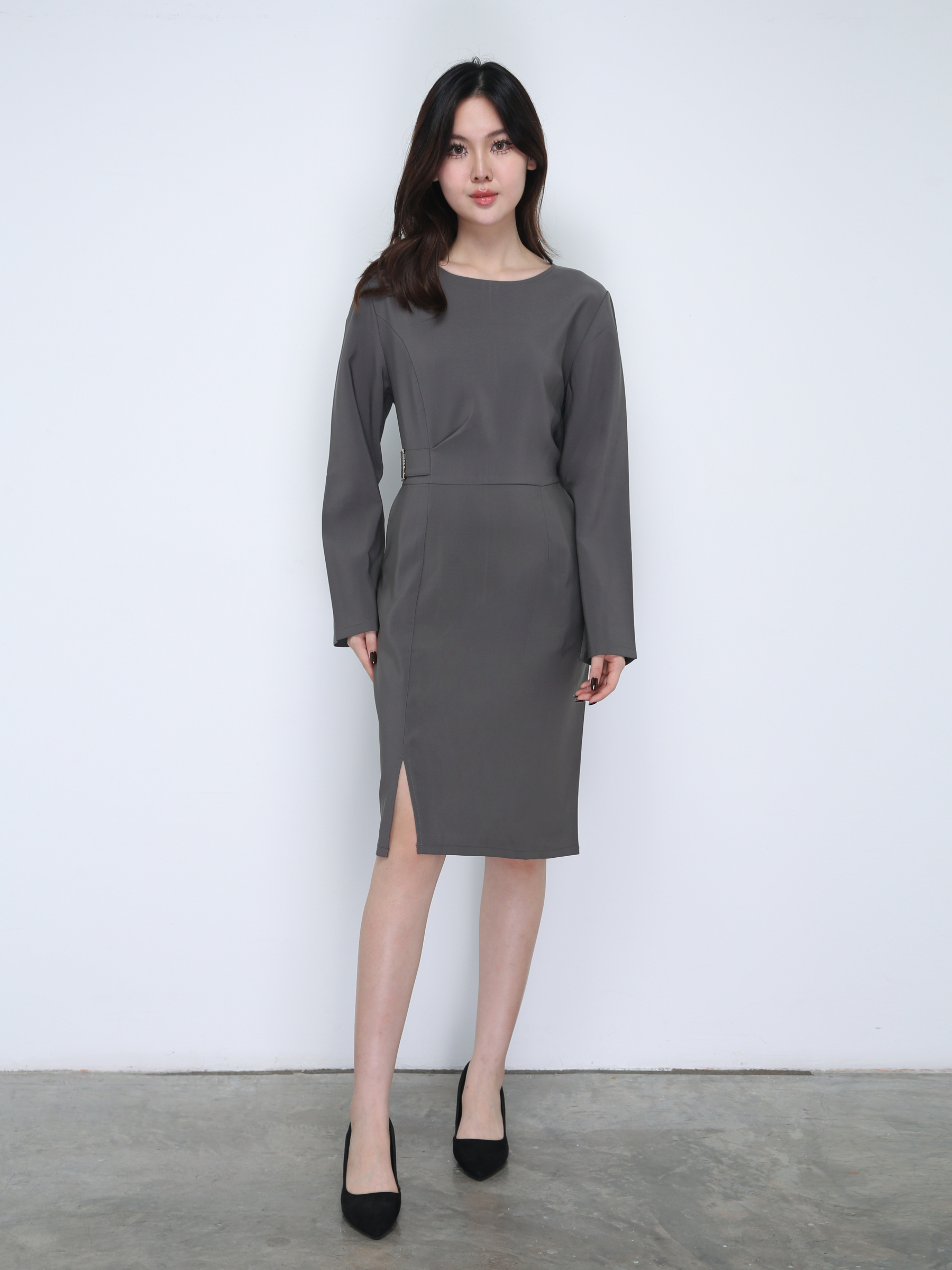 Long Sleeve Split With Decorative Belt Dress 21659