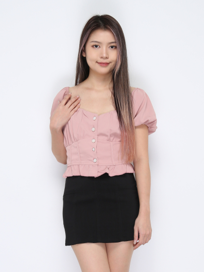 Off Shoulder Puff Sleeve Front Button Top 20482