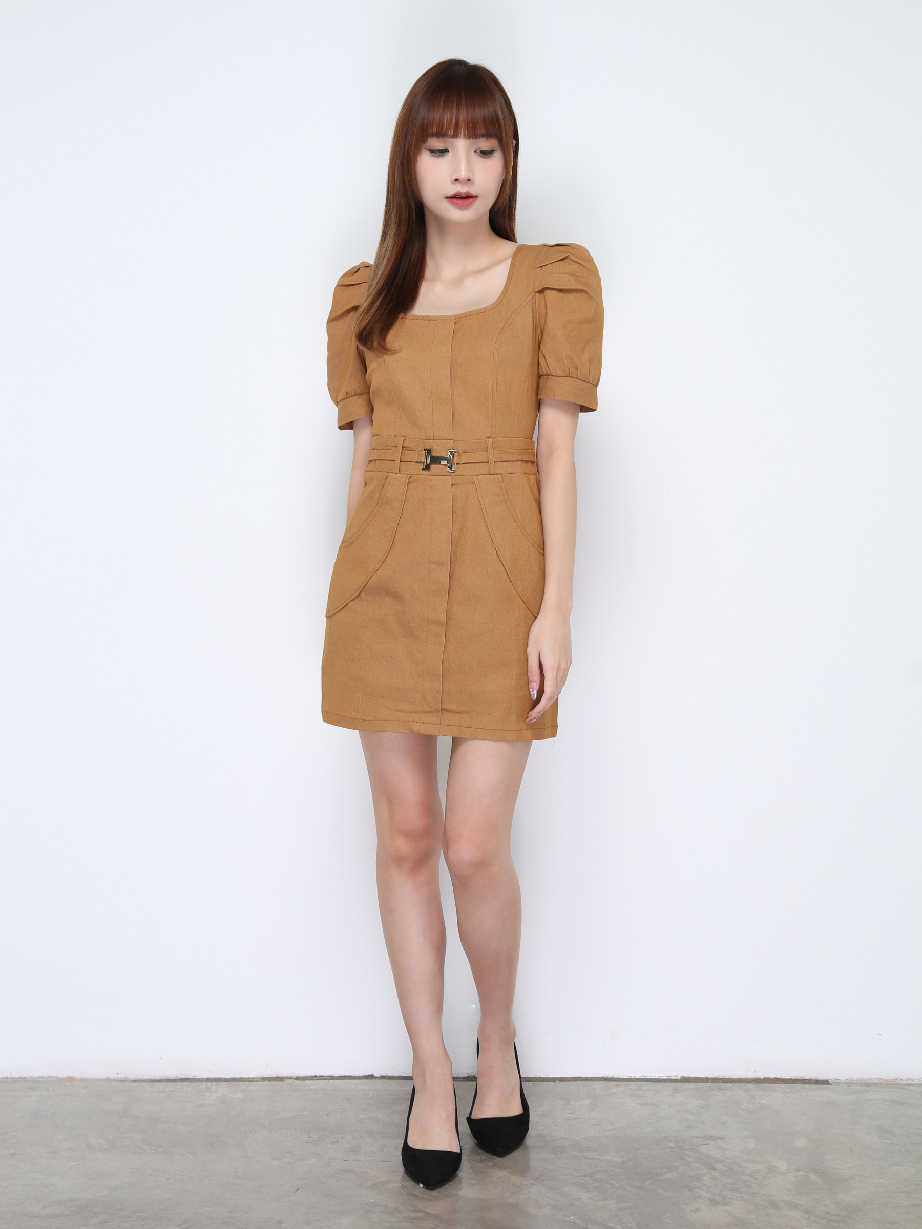 Square Neck Short Sleeve With Decorative Belt Dress 20581