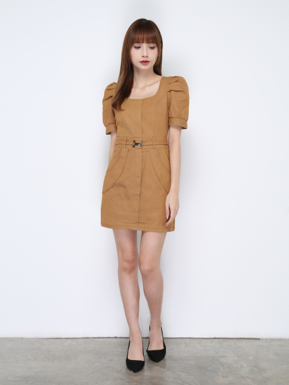 Square Neck Short Sleeve With Decorative Belt Dress 20581