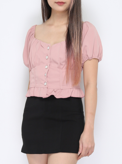 Off Shoulder Puff Sleeve Front Button Top 20482