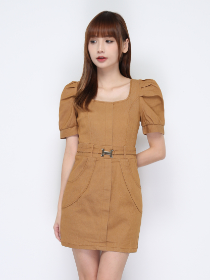 Square Neck Short Sleeve With Decorative Belt Dress 20581