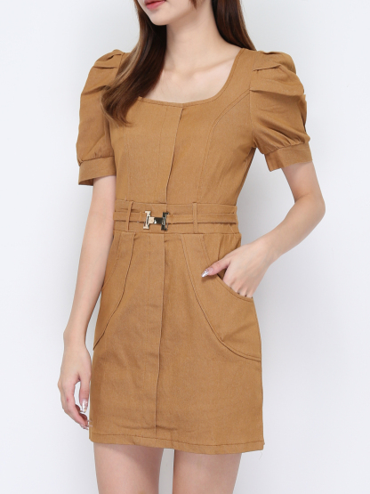 Square Neck Short Sleeve With Decorative Belt Dress 20581