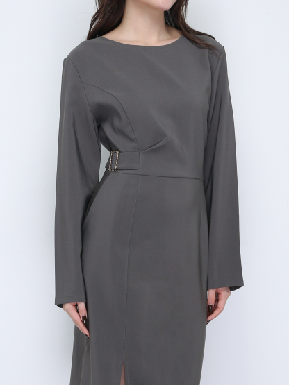 Long Sleeve Split With Decorative Belt Dress 21659