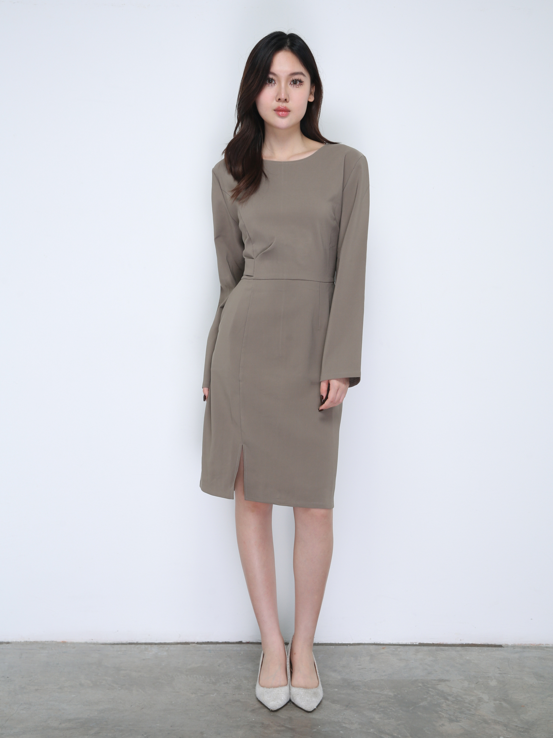 Long Sleeve Split With Decorative Belt Dress 21659