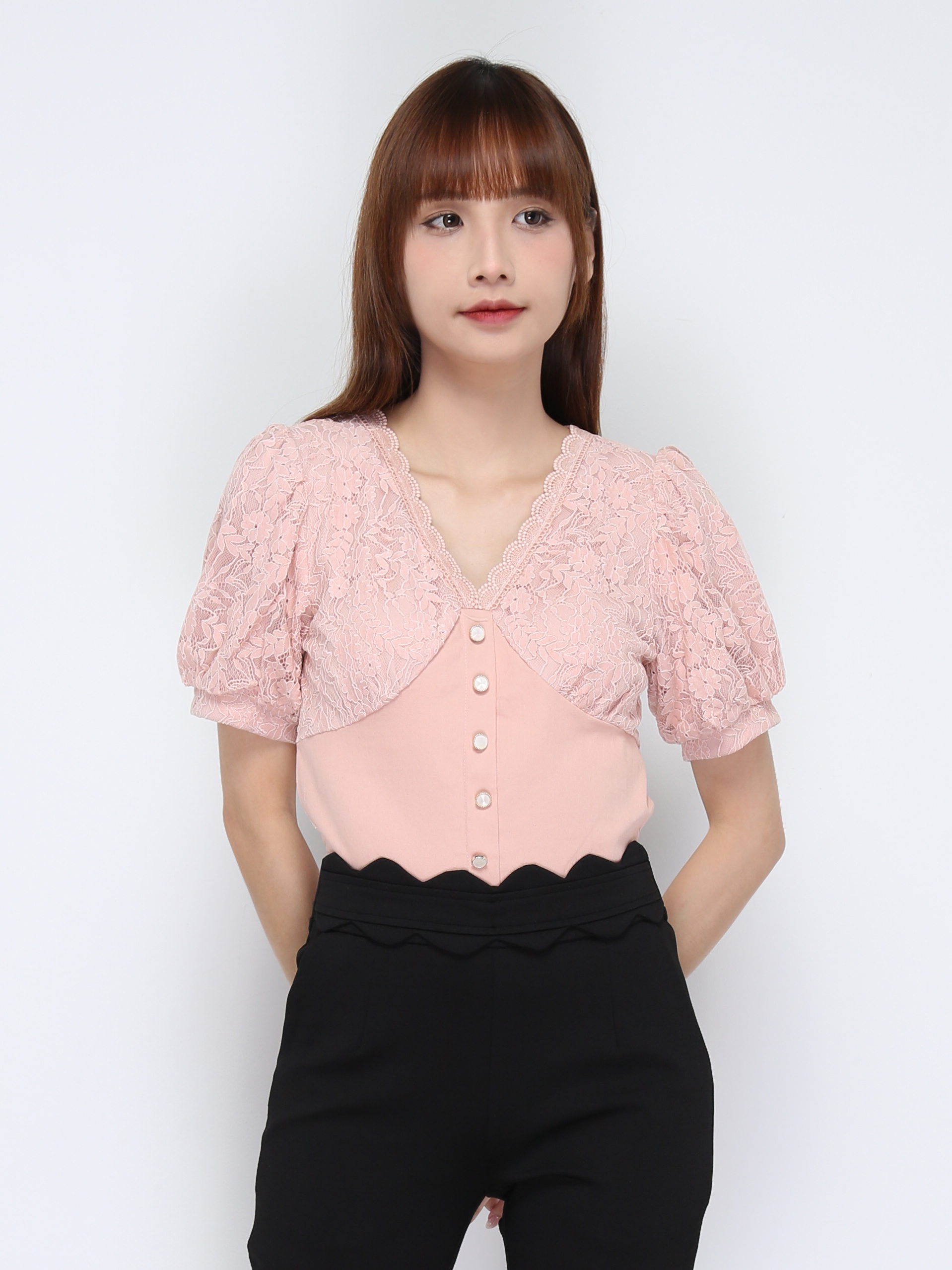 V Neck Lace Front Decorative Button Top 20896
