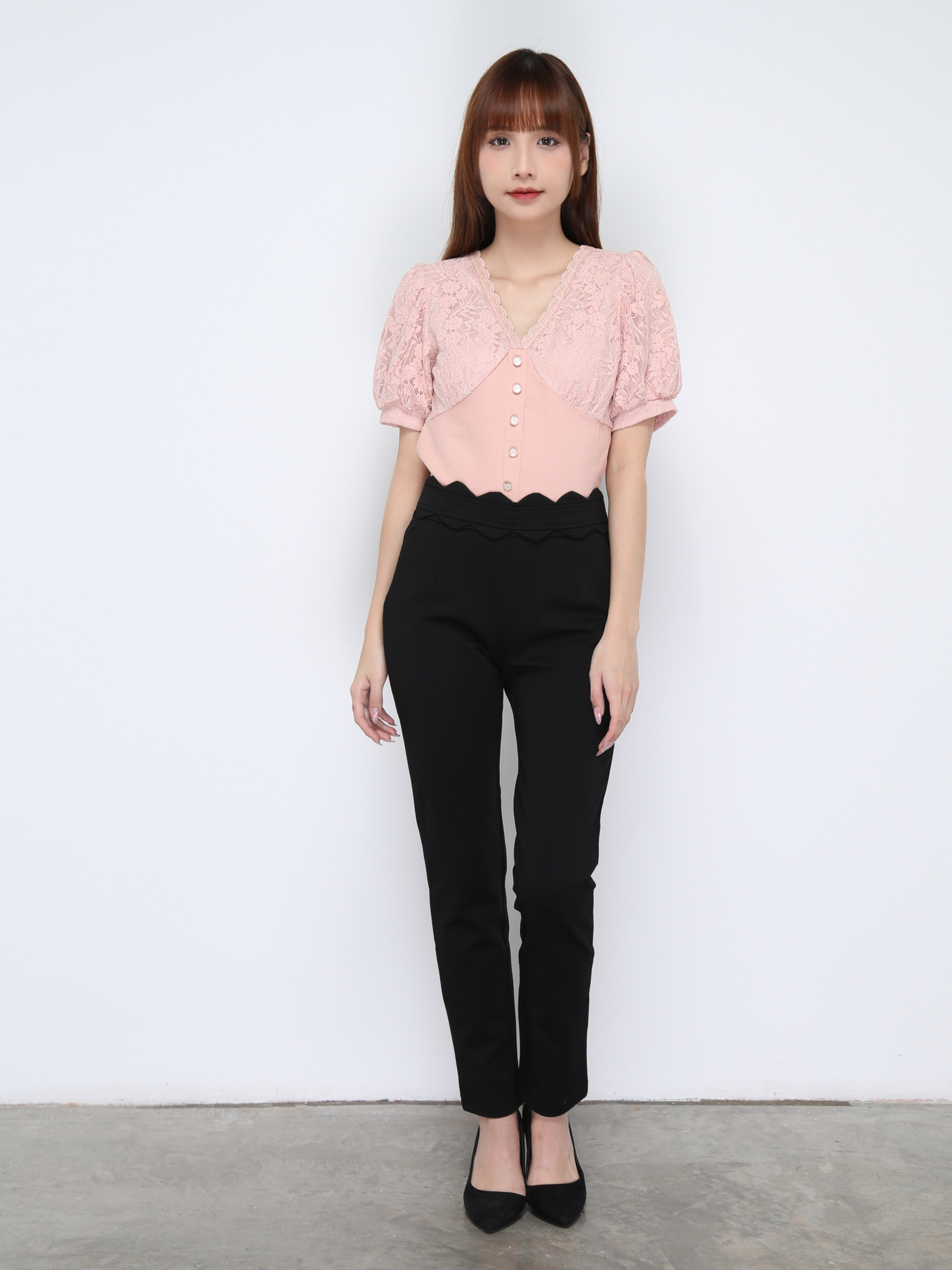 V Neck Lace Front Decorative Button Top 20896