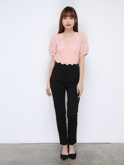 V Neck Lace Front Decorative Button Top 20896