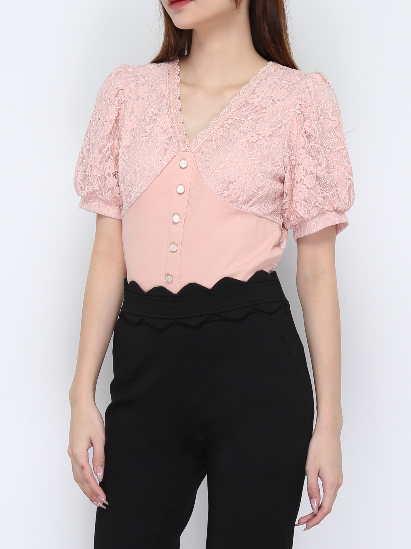 V Neck Lace Front Decorative Button Top 20896