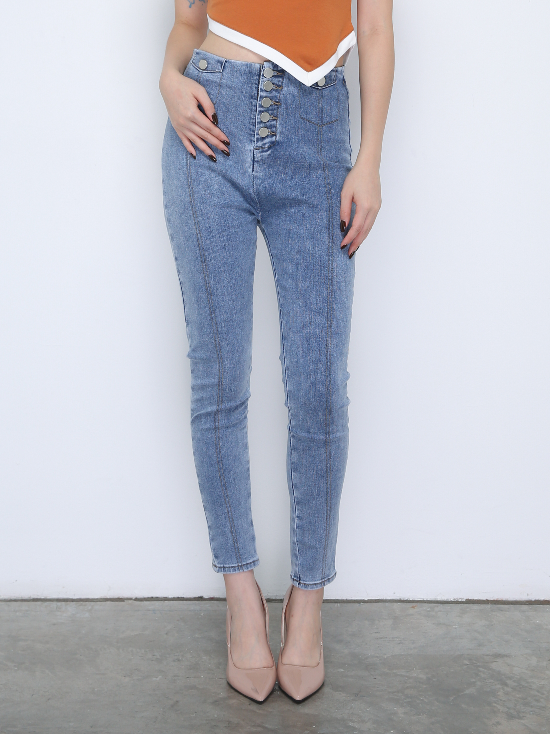 Denim Front Breated Button Long Pants 21651