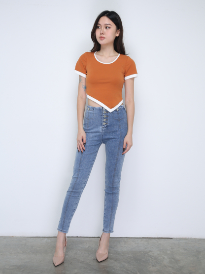 Denim Front Breated Button Long Pants 21651