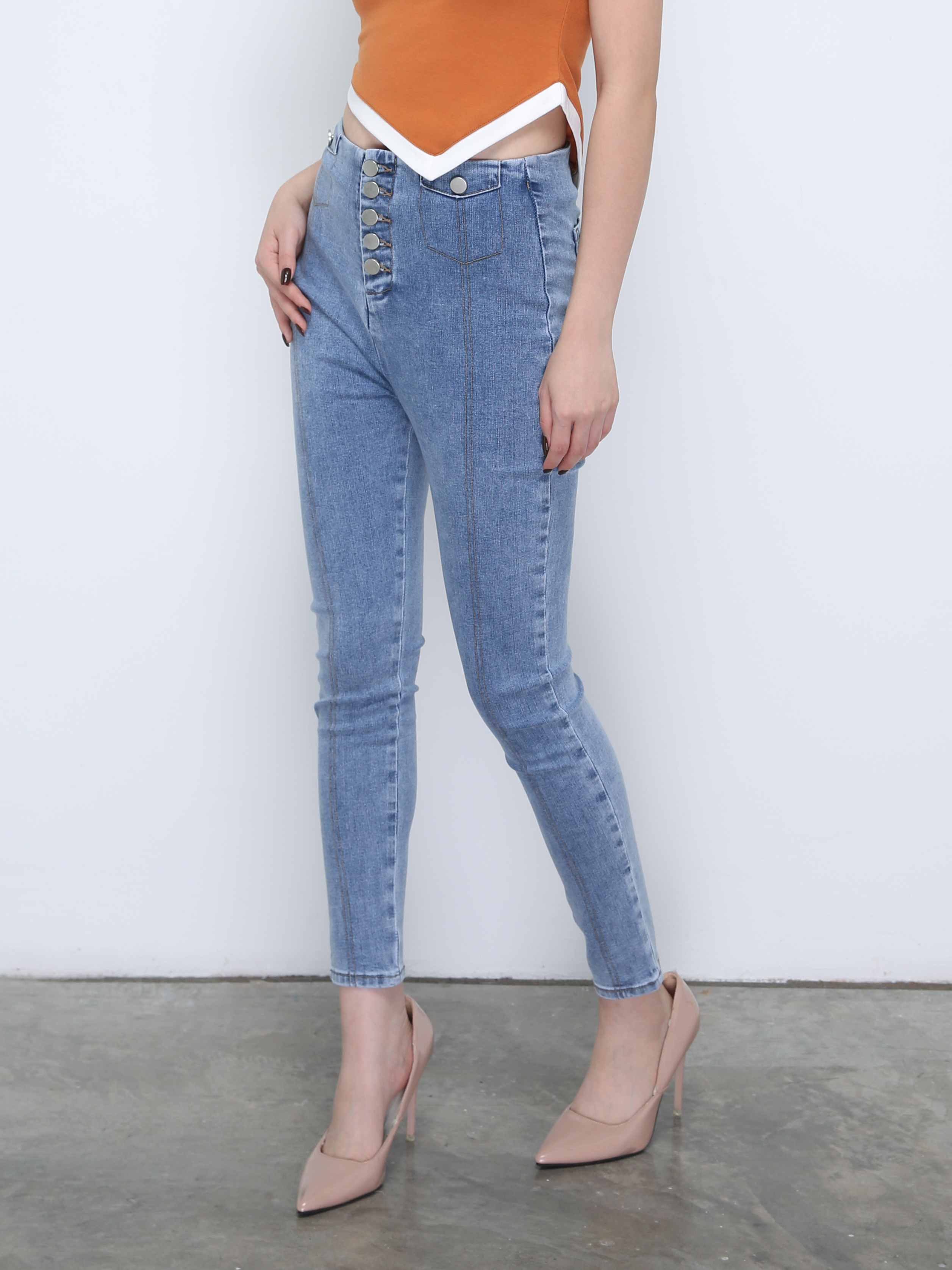 Denim Front Breated Button Long Pants 21651