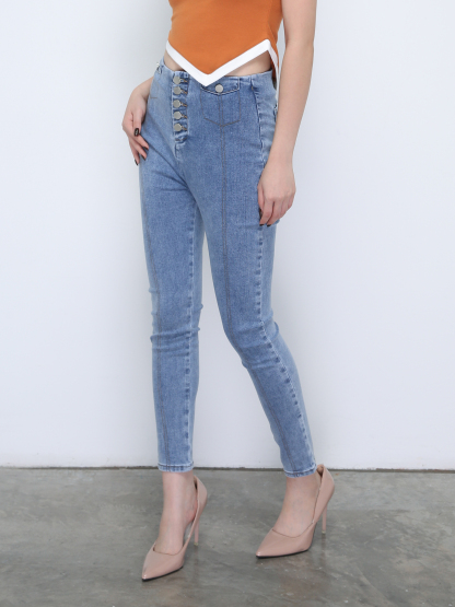 Denim Front Breated Button Long Pants 21651