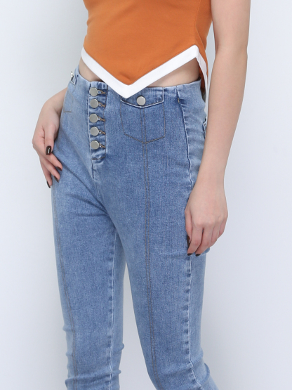 Denim Front Breated Button Long Pants 21651