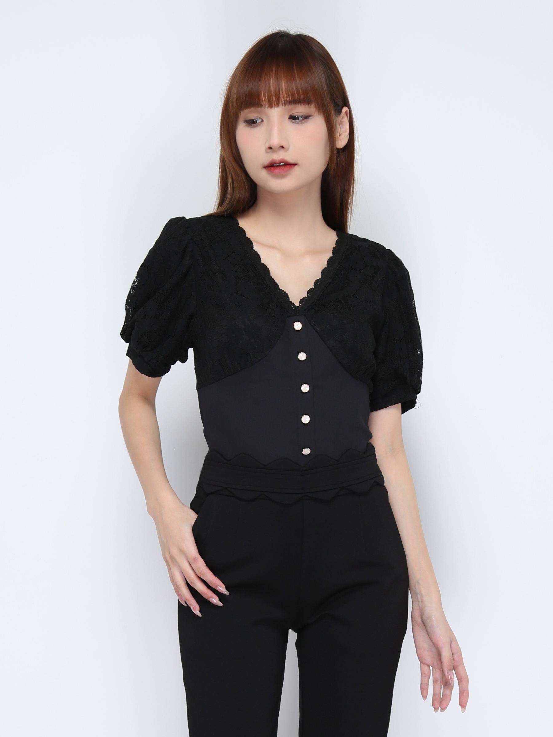 V Neck Lace Front Decorative Button Top 20896