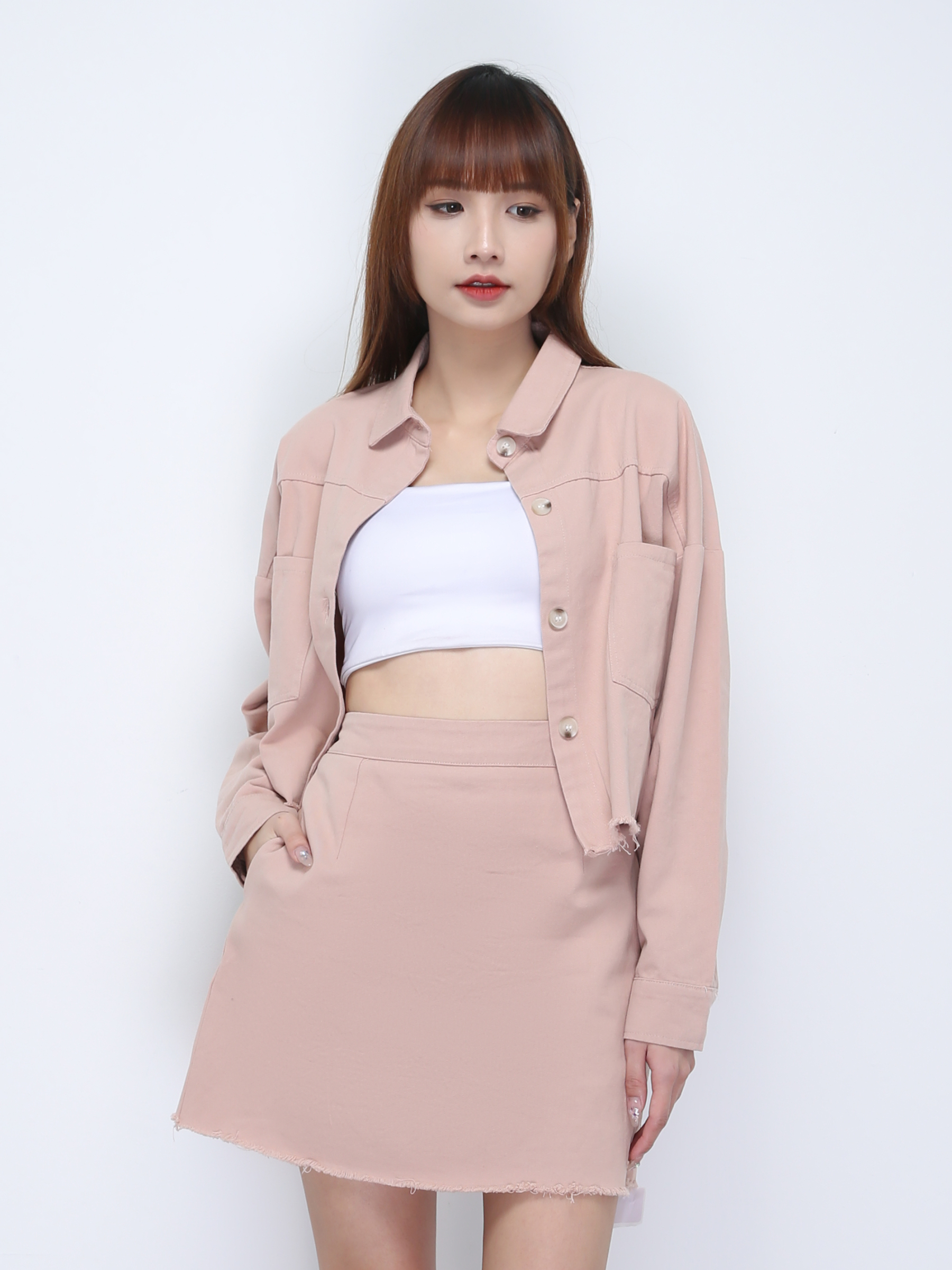 Denim Jacket With Ripped Skirt Set 21907