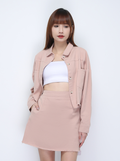 Denim Jacket With Ripped Skirt Set 21907
