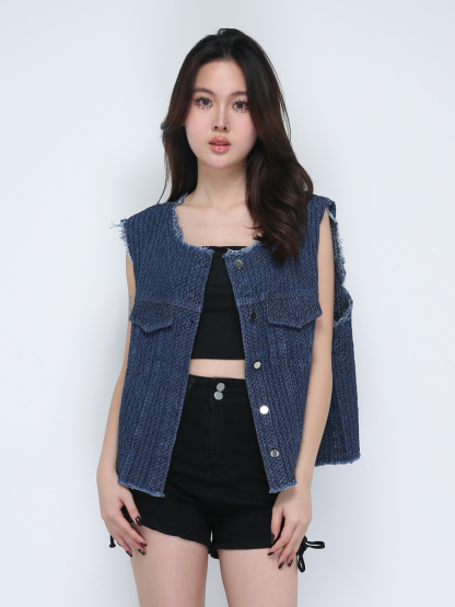 Sleeveless Ripped Front Button Top 21623