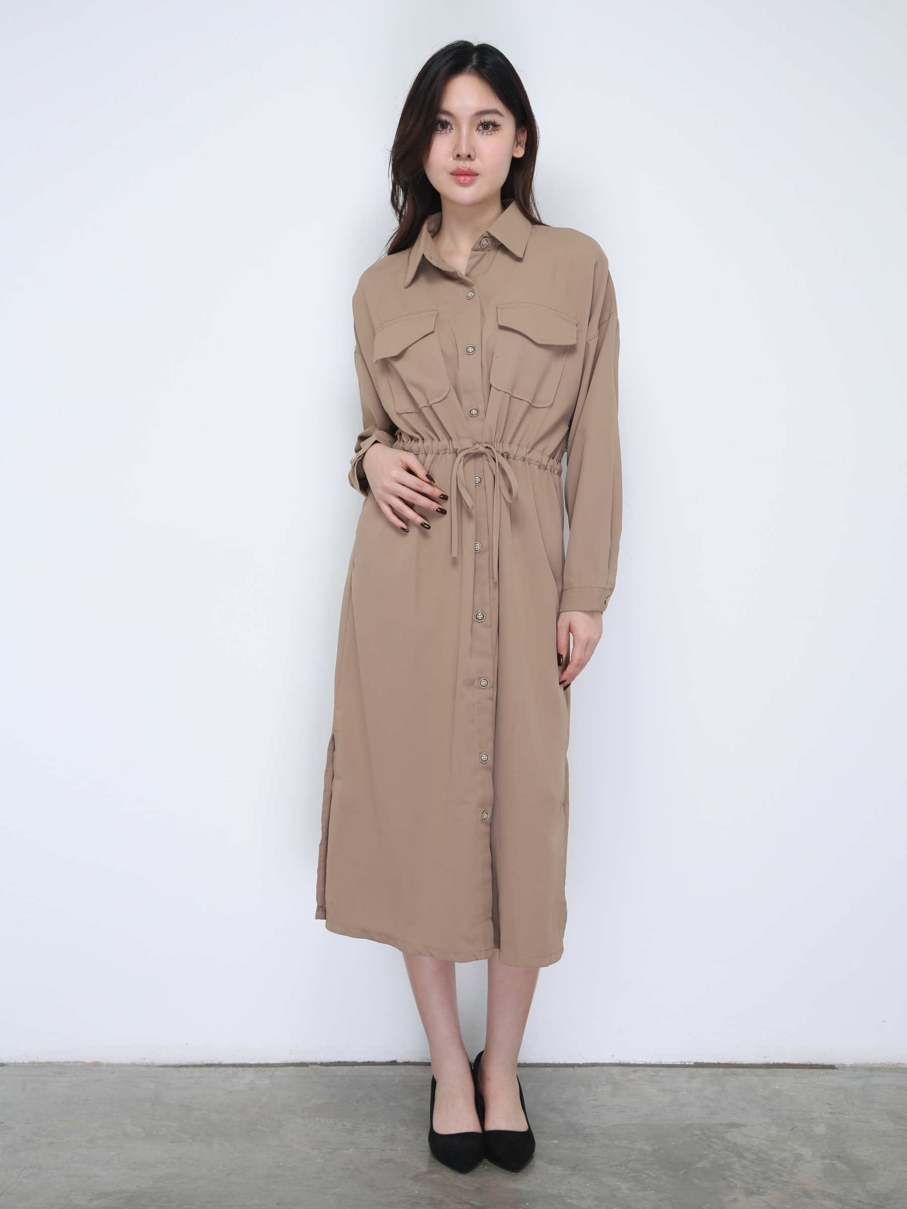 Front Button Collar With Waist Drawstring Dress 21615