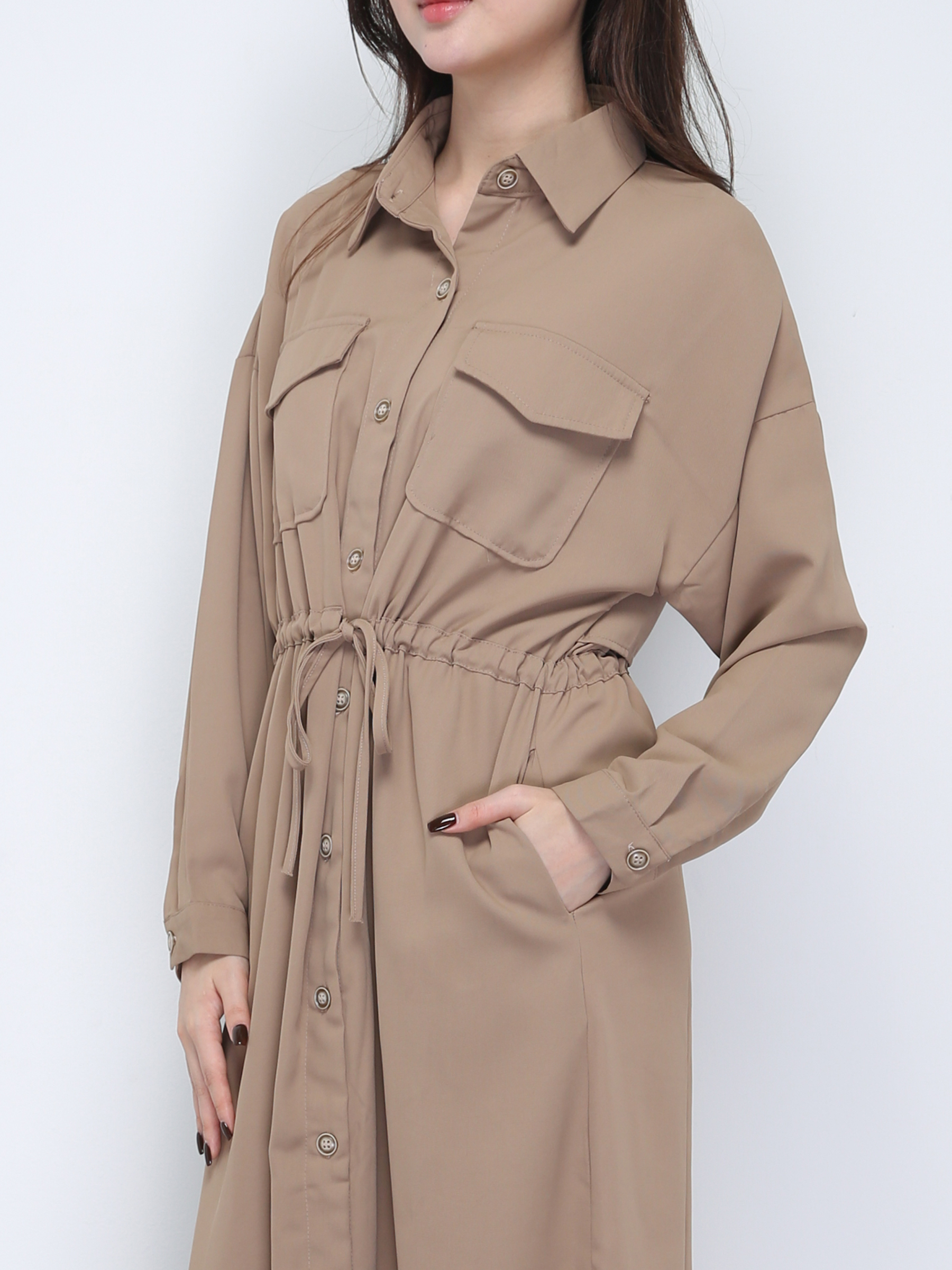 Front Button Collar With Waist Drawstring Dress 21615