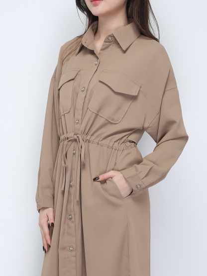 Front Button Collar With Waist Drawstring Dress 21615