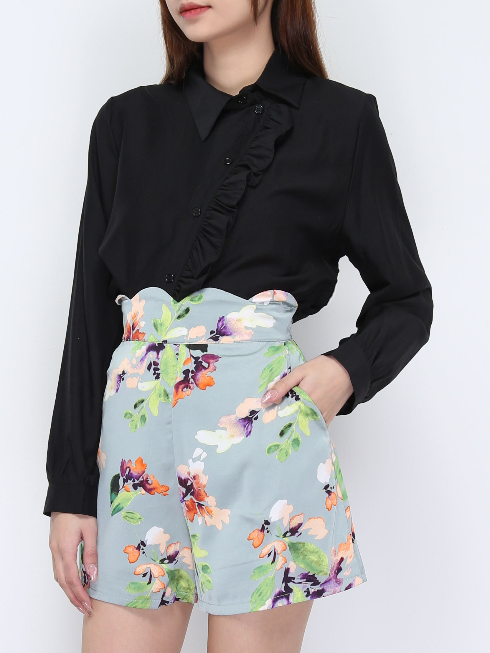 Collar Long Sleeve With Sling Ruffles Front Button Blouse 20832