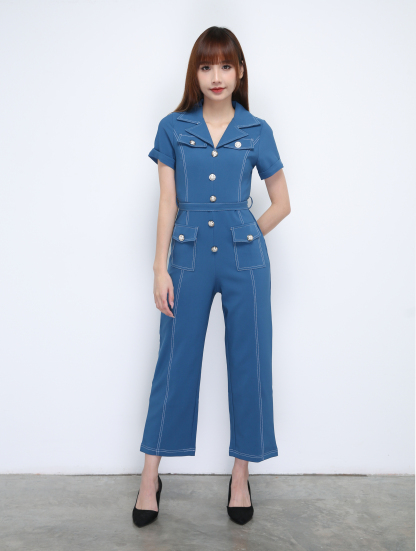 Collar With Front Decorative Button Jumpsuit With Belt 21377