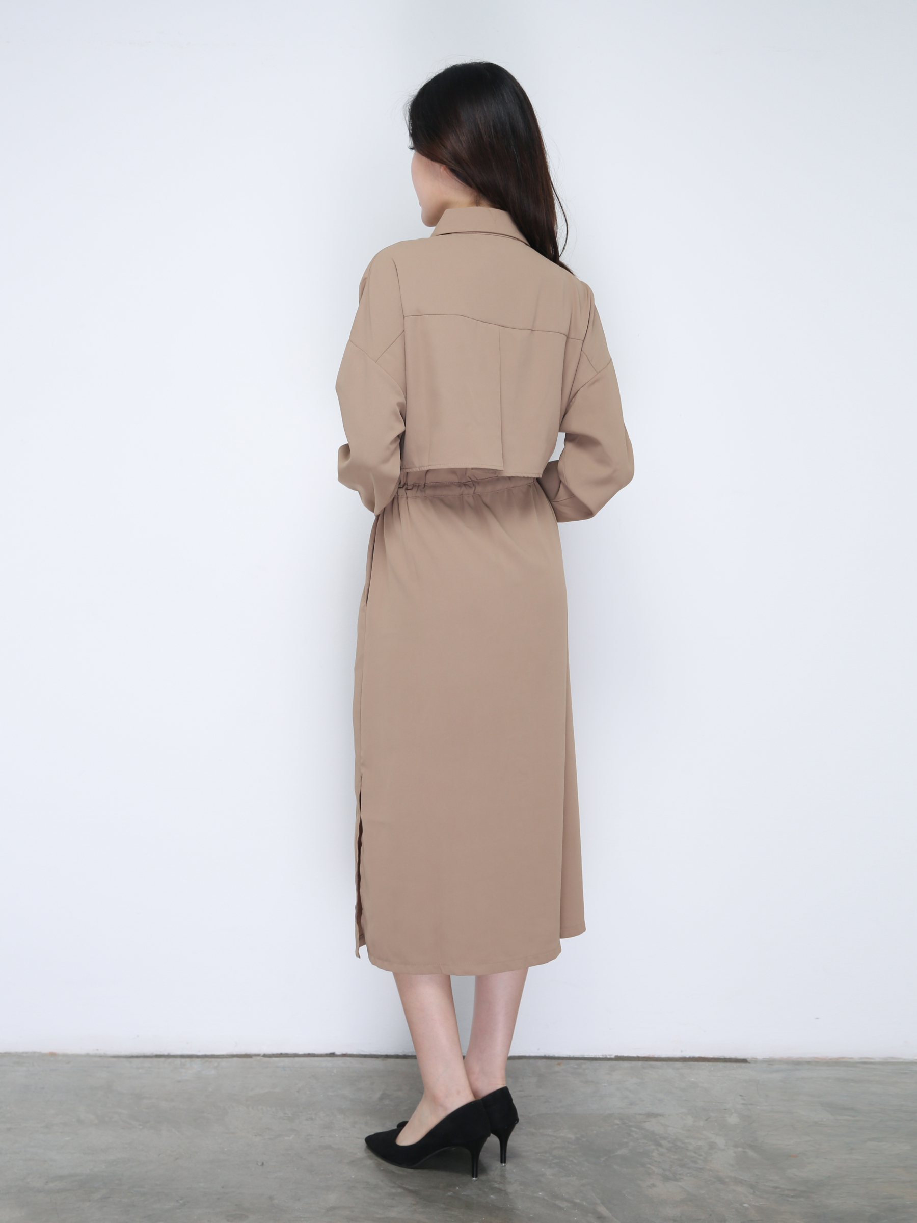 Front Button Collar With Waist Drawstring Dress 21615