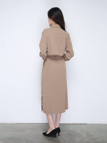 Front Button Collar With Waist Drawstring Dress 21615