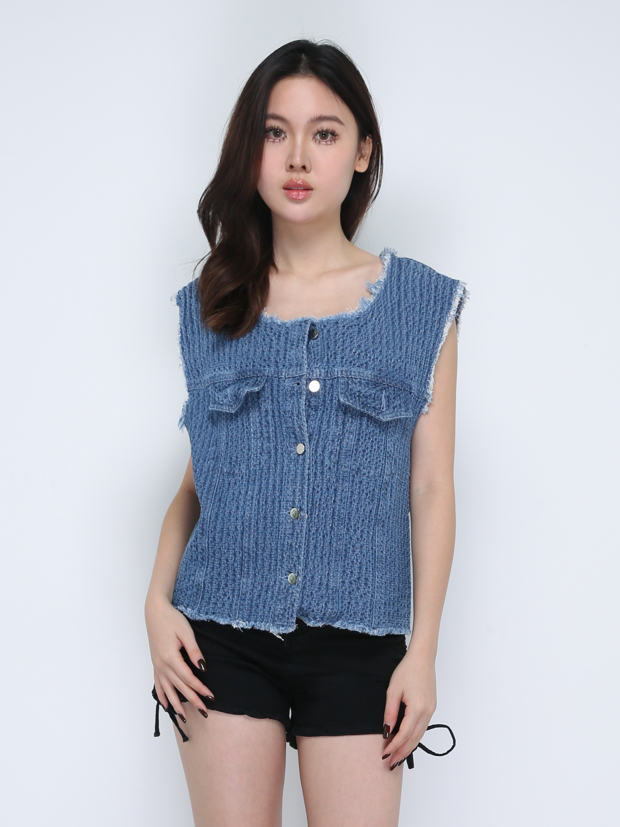 Sleeveless Ripped Front Button Top 21623