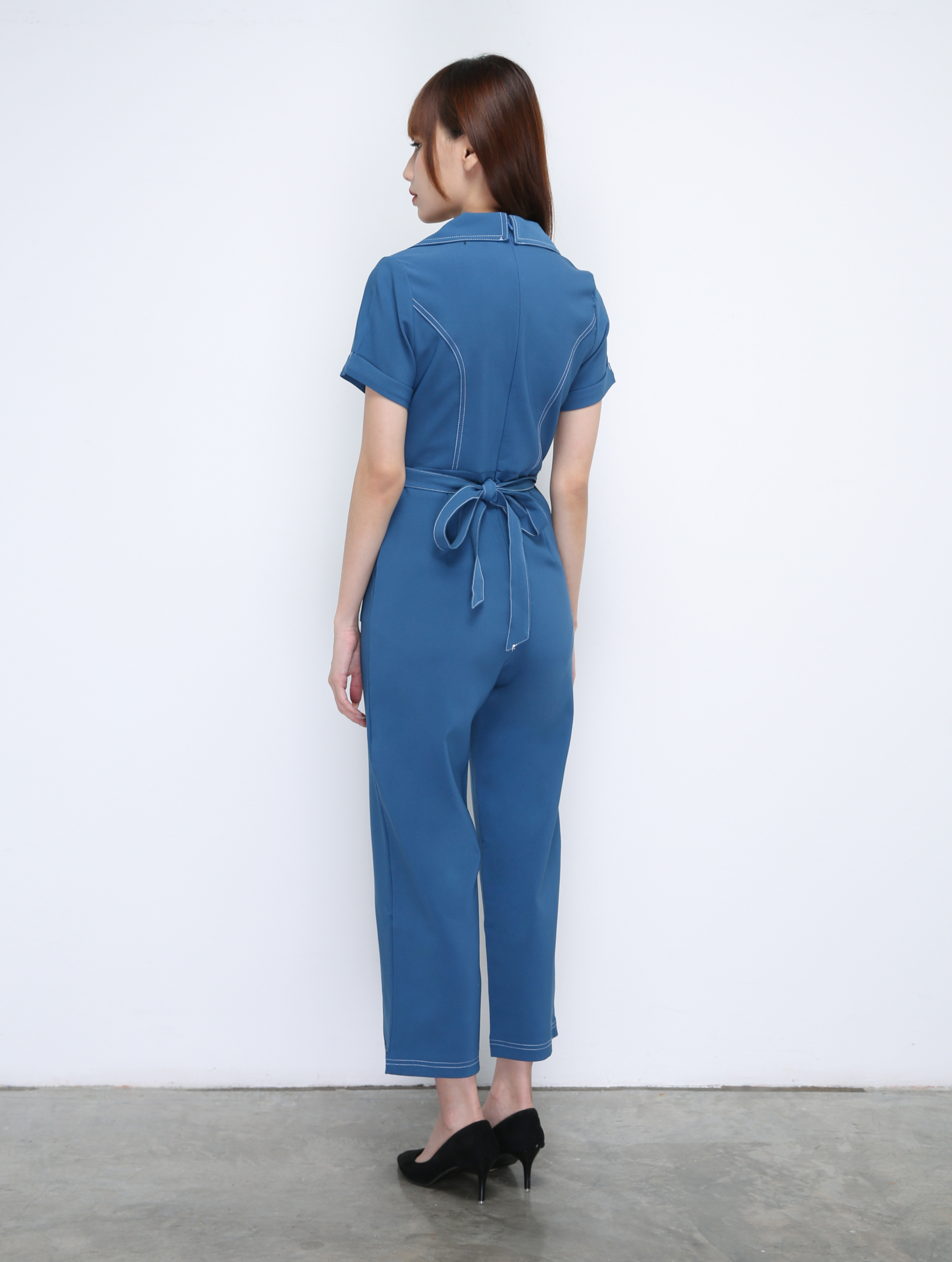 Collar With Front Decorative Button Jumpsuit With Belt 21377