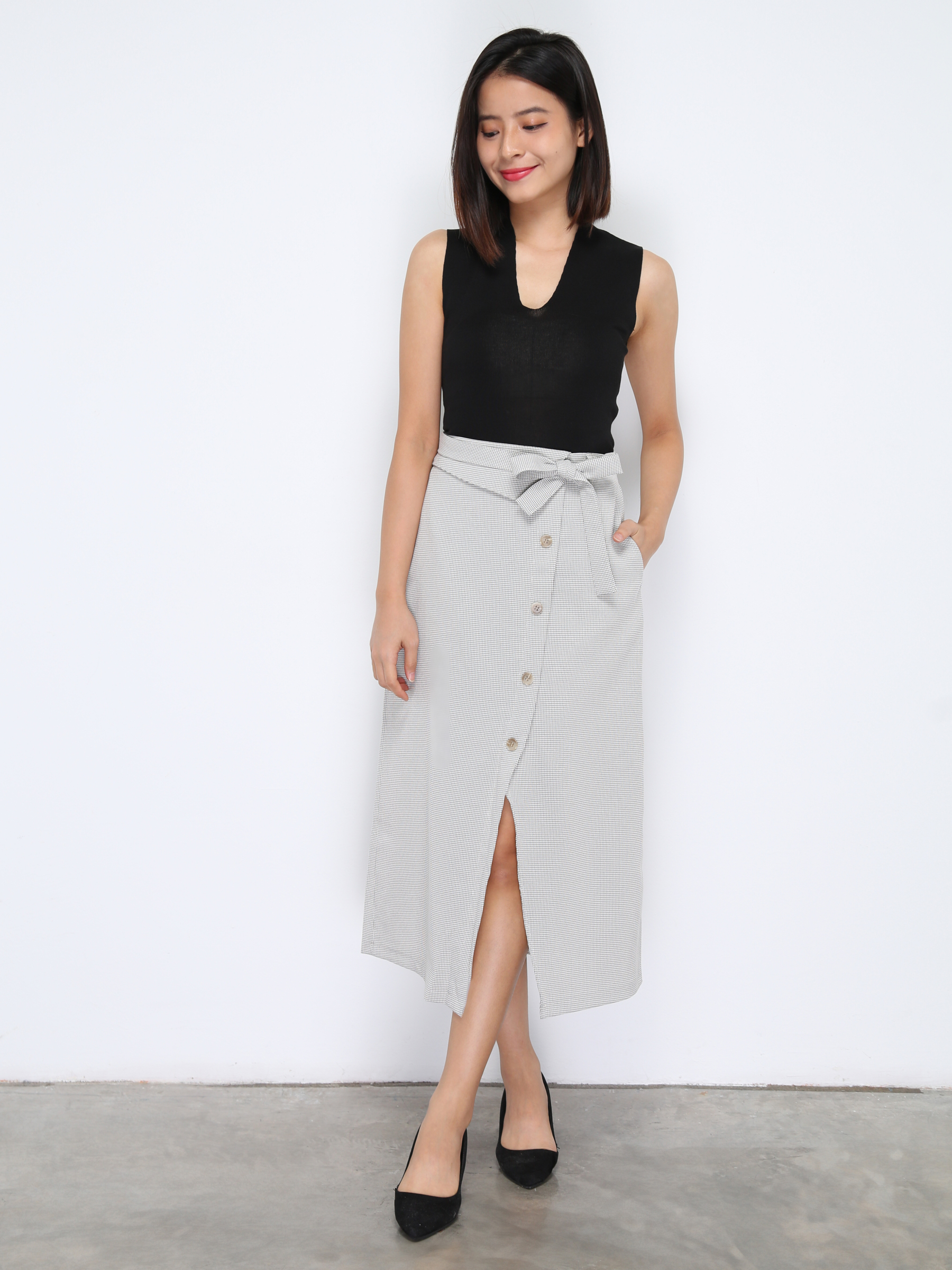 Side Button With Split With Side Tie Up Long Skirt 20578