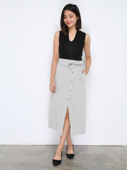 Side Button With Split With Side Tie Up Long Skirt 20578